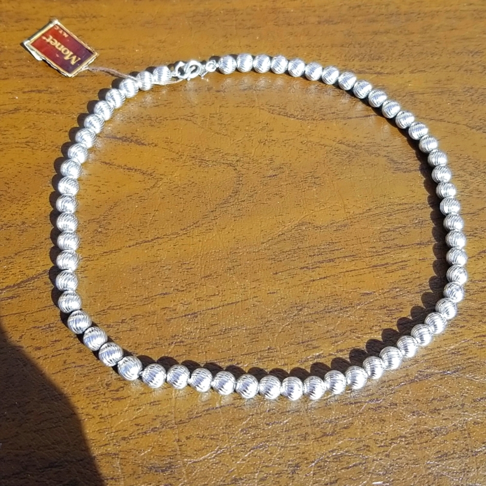 Monet Brushed Bead Silver Tone 90s Choker Necklace Marked and NEW